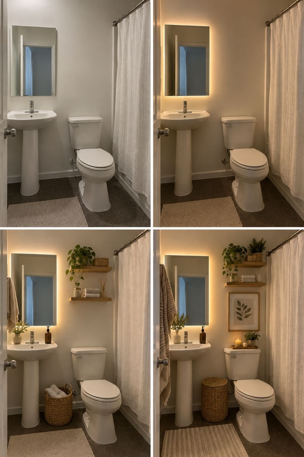 Four-step small bathroom makeover with a backlit mirror, floating wood shelves, plants, woven baskets and warm lighting