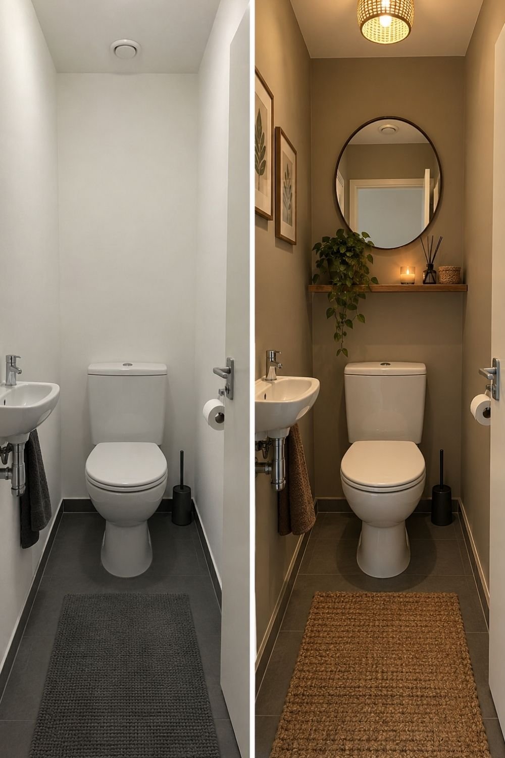Narrow toilet room before and after with taupe walls, round mirror, wood shelf, trailing plant and jute runner