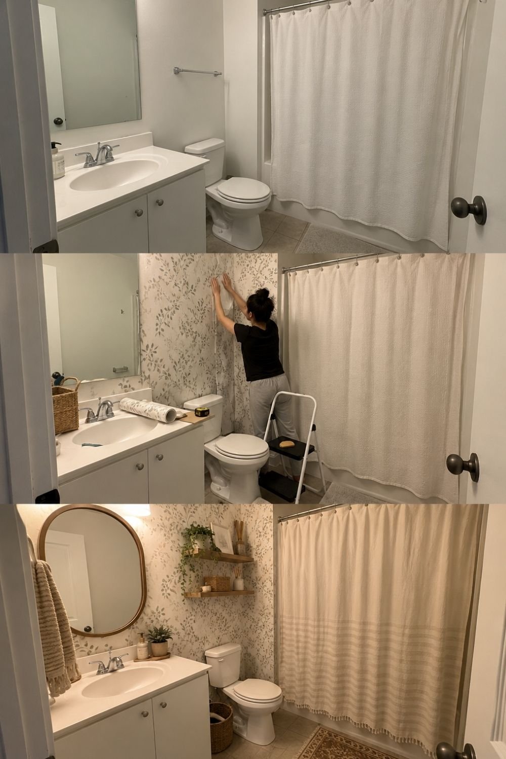 Rental bathroom before, during and after peel-and-stick botanical wallpaper, oval wood mirror and floating shelves