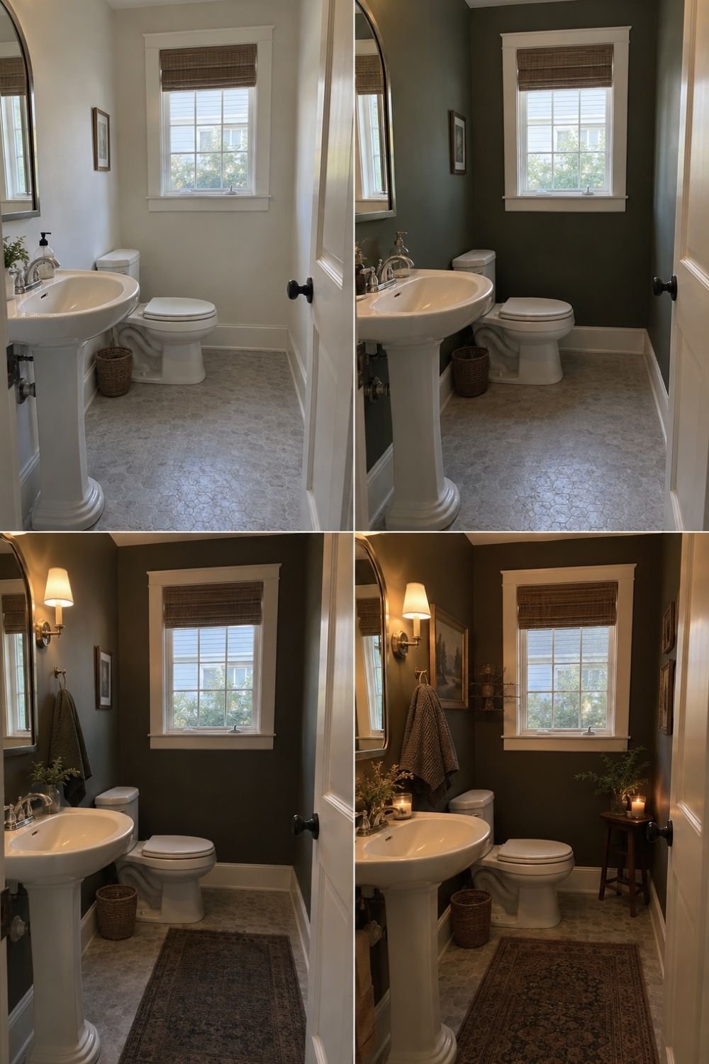 Powder room painted dark olive in stages, with brass sconce, vintage rug, framed landscapes and a candle on a stool