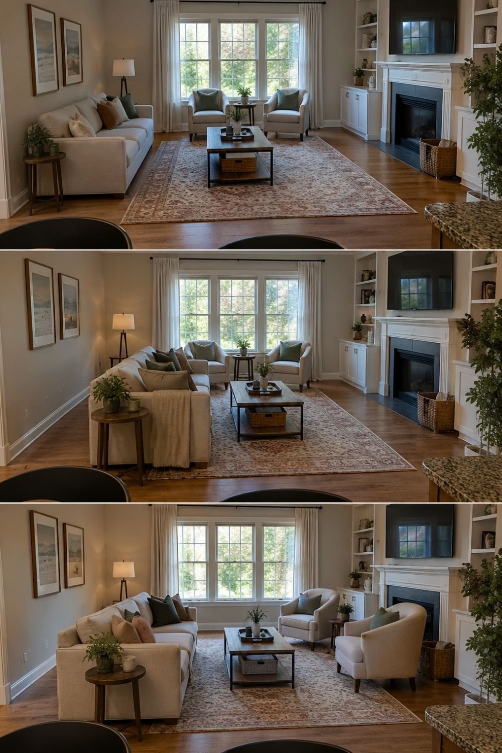 Same living room in three sofa layouts: sofa against the wall, sofa pulled onto the rug, and armchairs moved to face the sofa