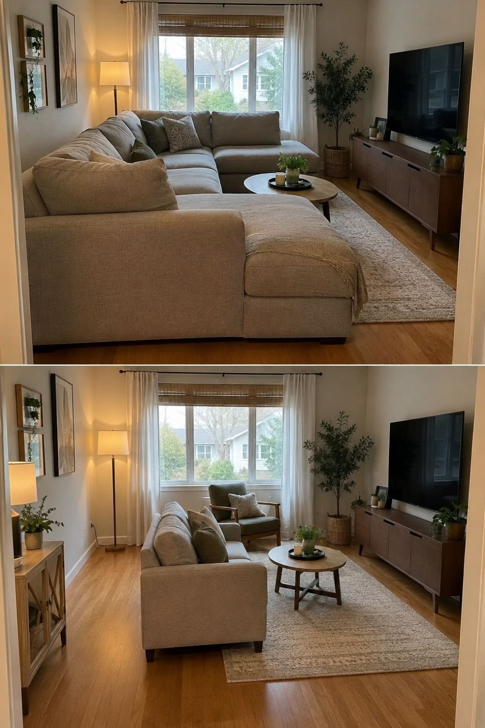 Narrow living room with a large L-shaped sectional compared to an apartment-size sofa with an accent chair
