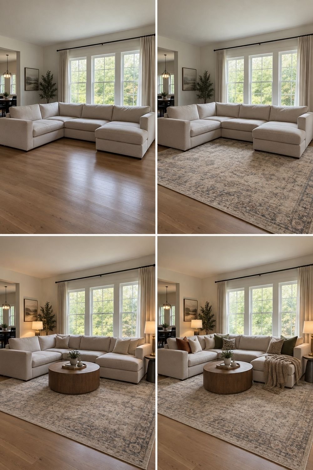 U-shaped sectional styled in four steps with a large rug, round wood coffee table, lamps, pillows and a throw