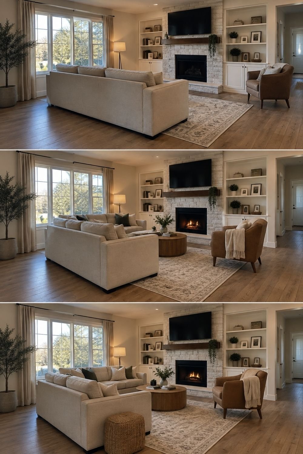 Open-plan living room with a floating sofa facing the fireplace, a second sofa forming an L and a leather armchair