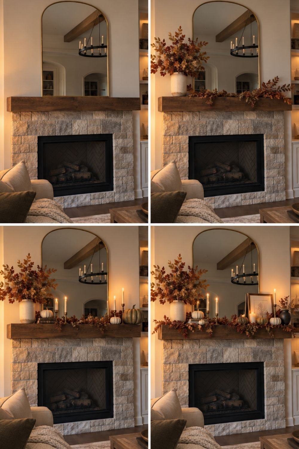 Fall mantel built in four steps with rust branches, a leafy garland, taper candles, small pumpkins and a framed print