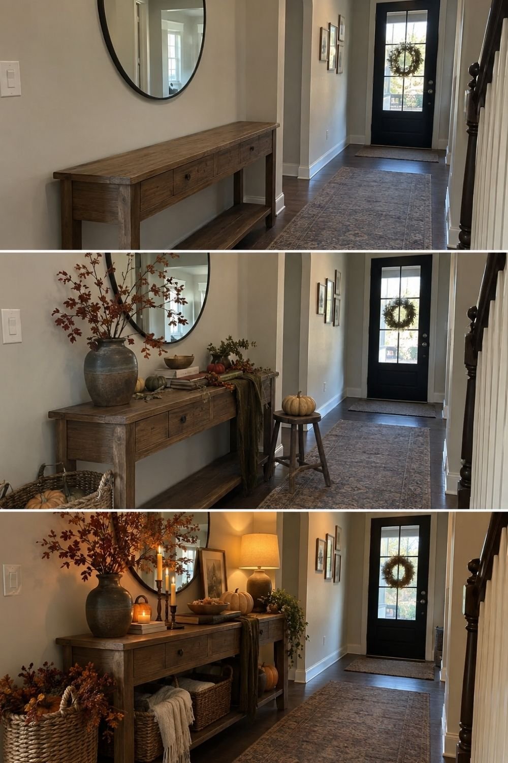Entry console decorated for fall in three steps with a stoneware vase of branches, pumpkins, lamp, candles and baskets