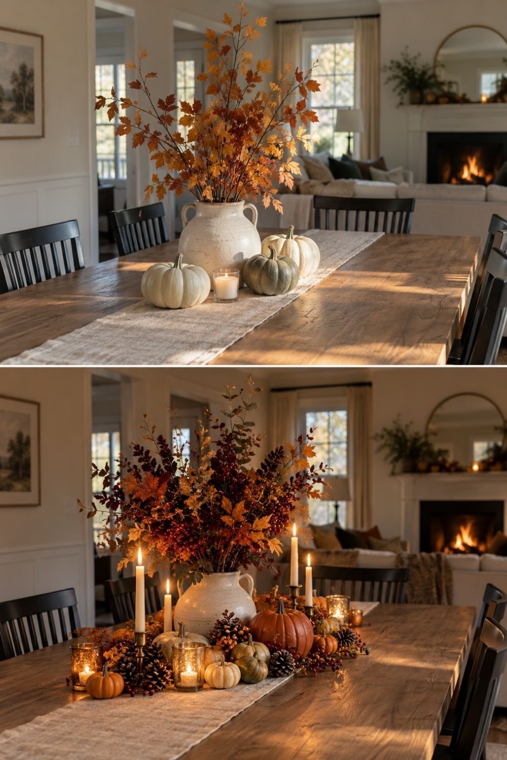 Fall table centerpiece in a simple version and a fuller Thanksgiving version with branches, pumpkins and candles