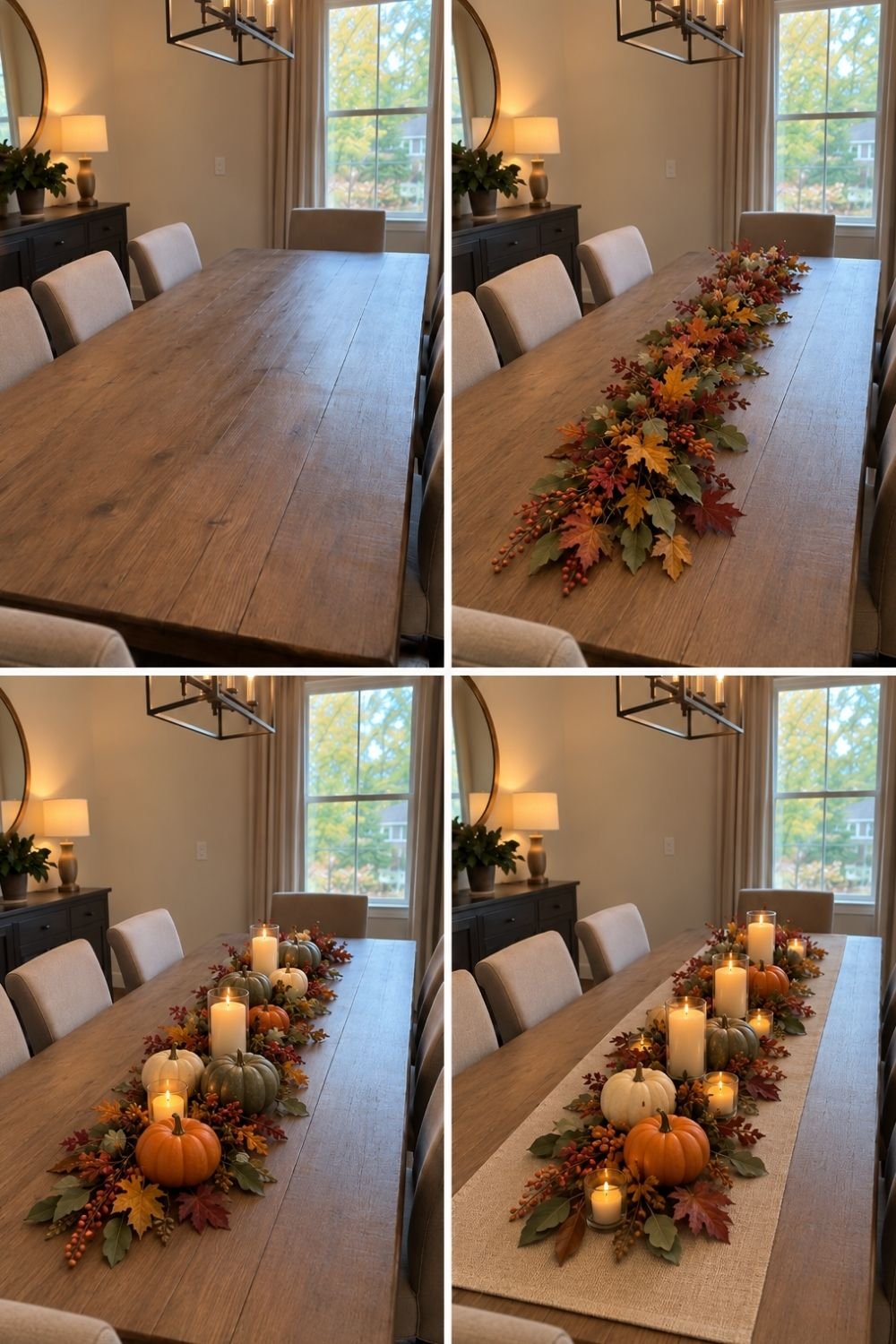 Farmhouse dining table decorated in four steps with a leaf garland, pumpkins, pillar candles and a woven runner