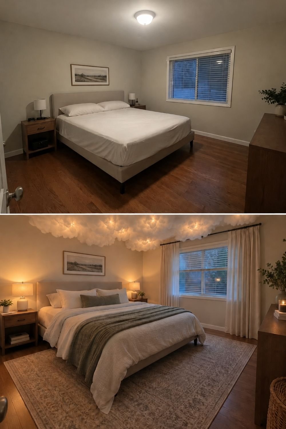 Plain bedroom before and after with a cloud ceiling light, warm lamps, layered white bedding, sheer curtains and a rug