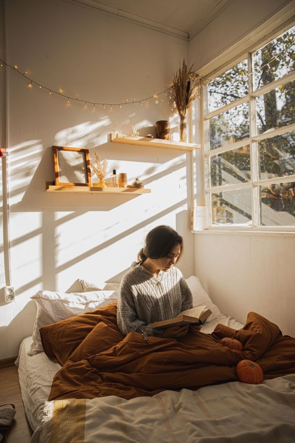 Sunny bedroom with a rust duvet, light wood floating shelves with dried grasses and string lights along the wall