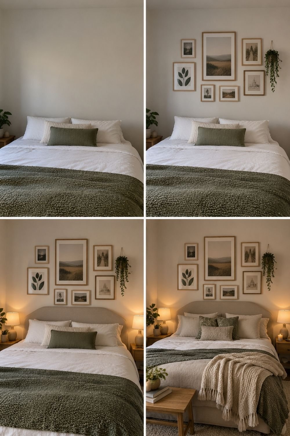 Bedroom styled in four steps with sage bedding, an oak-framed gallery wall, upholstered headboard, lamps and a bench
