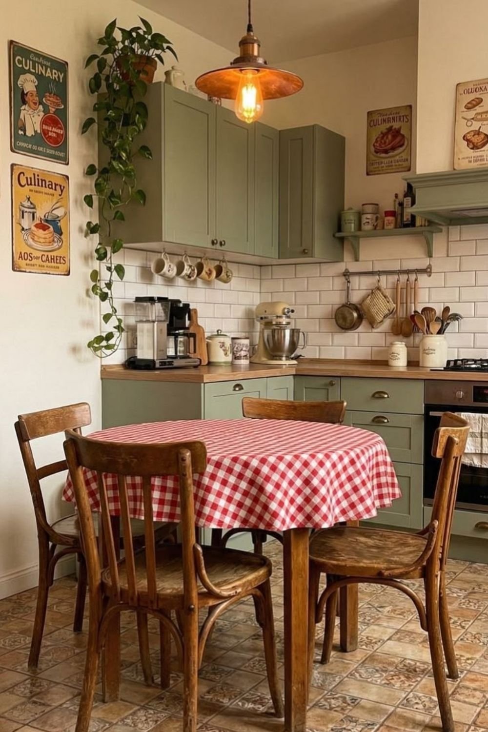 Vintage kitchen with sage cabinets, white subway tile, a copper pendant and a round table with a red gingham tablecloth and bentwood chairs