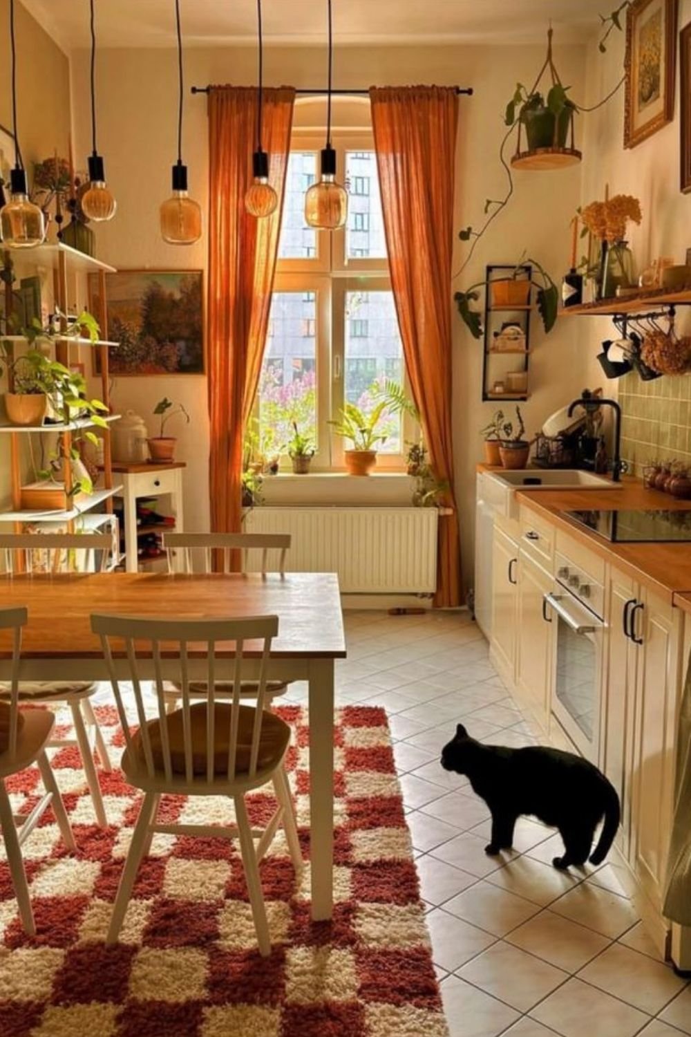 Sunny kitchen and dining room with rust curtains, amber glass pendant bulbs, plants and a red checkered rug under a wooden table