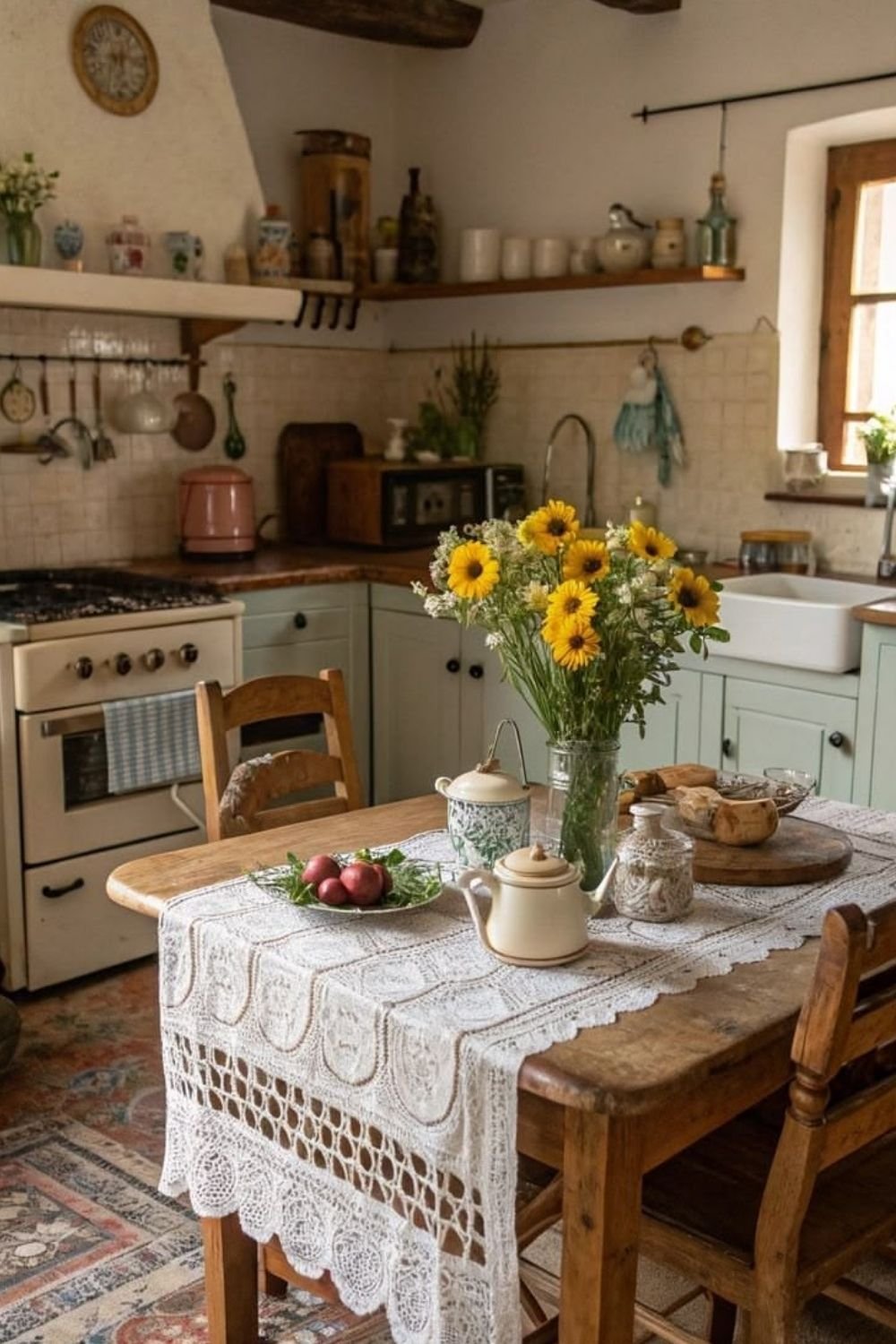 Cottage kitchen with mint cabinets, a cream enamel stove and a wooden table with a crocheted lace runner and sunflowers