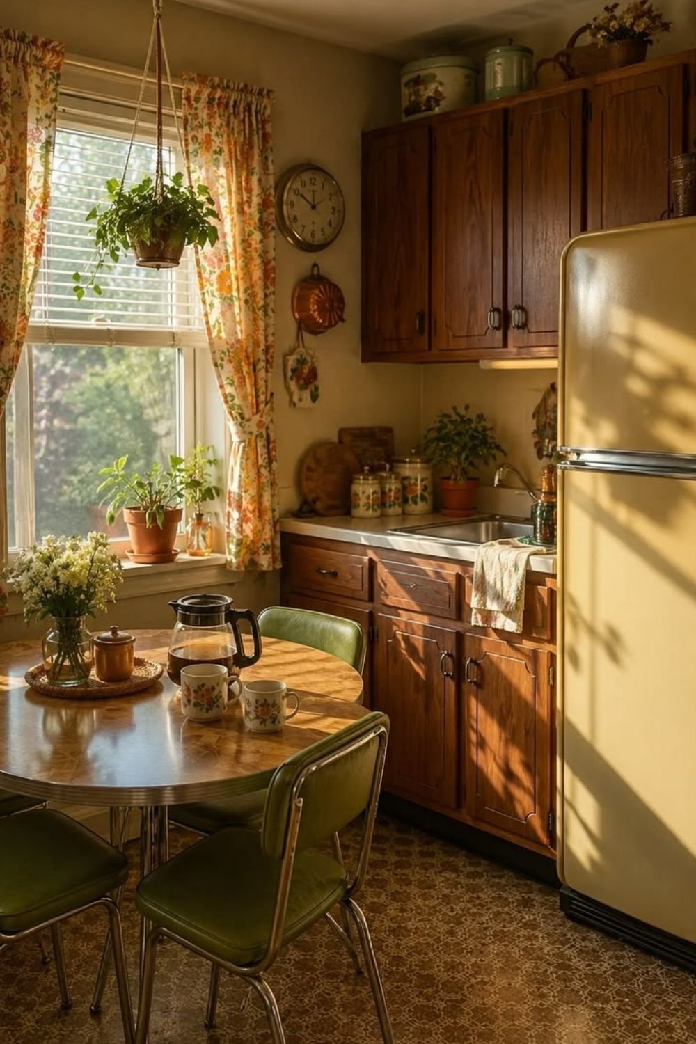 Retro kitchen with dark wood cabinets, a cream refrigerator, a round chrome-edged table and green vinyl chairs
