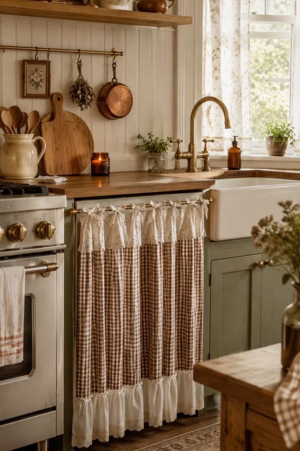 Brown gingham cabinet skirt with eyelet ruffles under a farmhouse sink with a brass faucet and beadboard wall