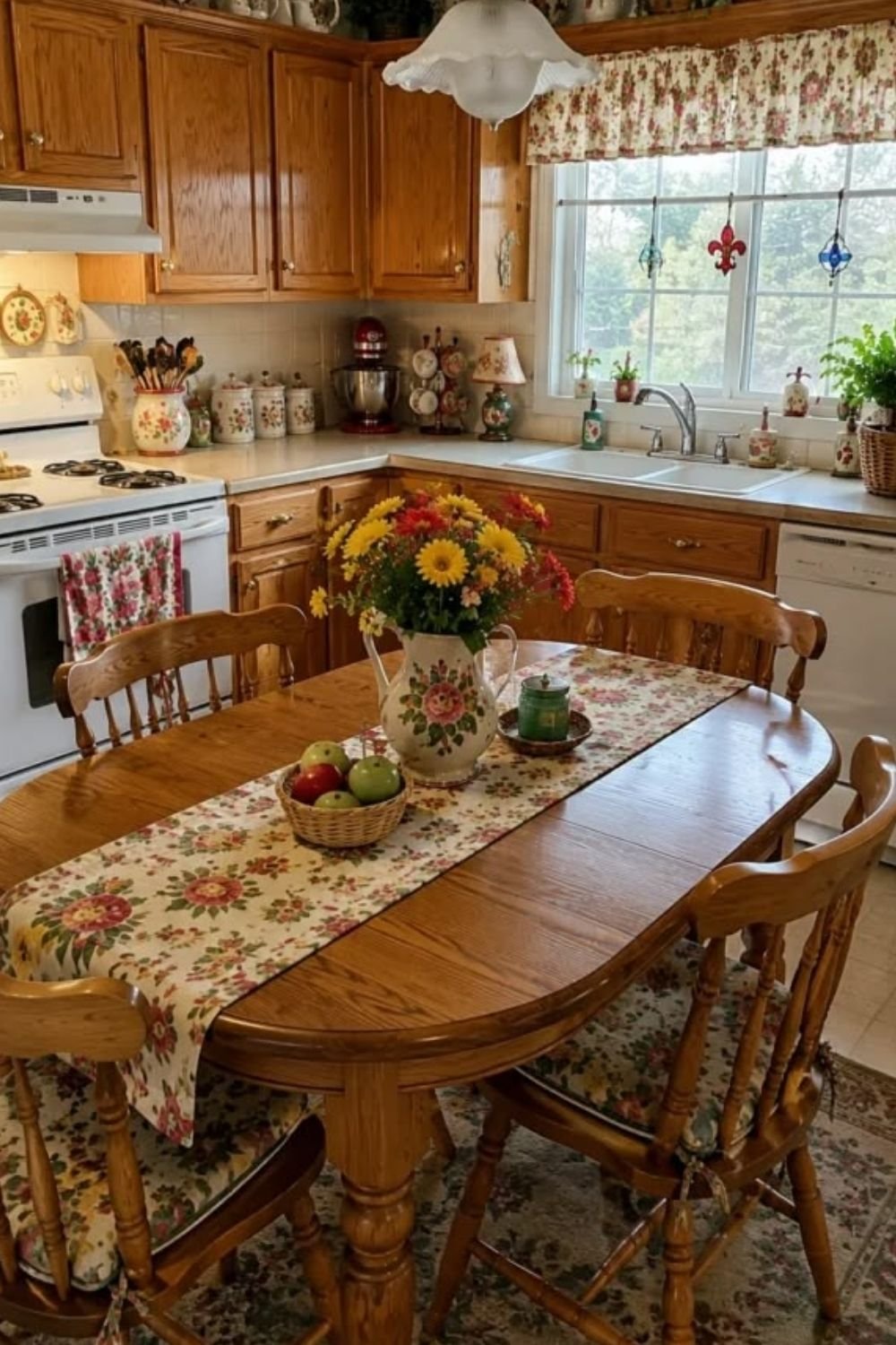 Oak kitchen with a matching red floral valance, table runner, chair cushions and canisters, plus a pitcher of sunflowers