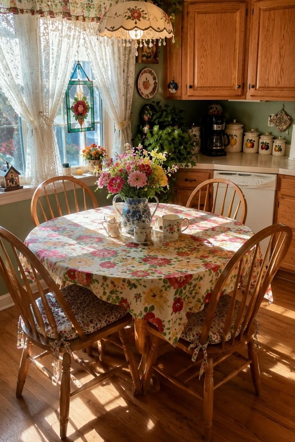 Breakfast nook with a floral tablecloth, Windsor chairs with tie-on cushions, lace curtains and a painted fringed pendant
