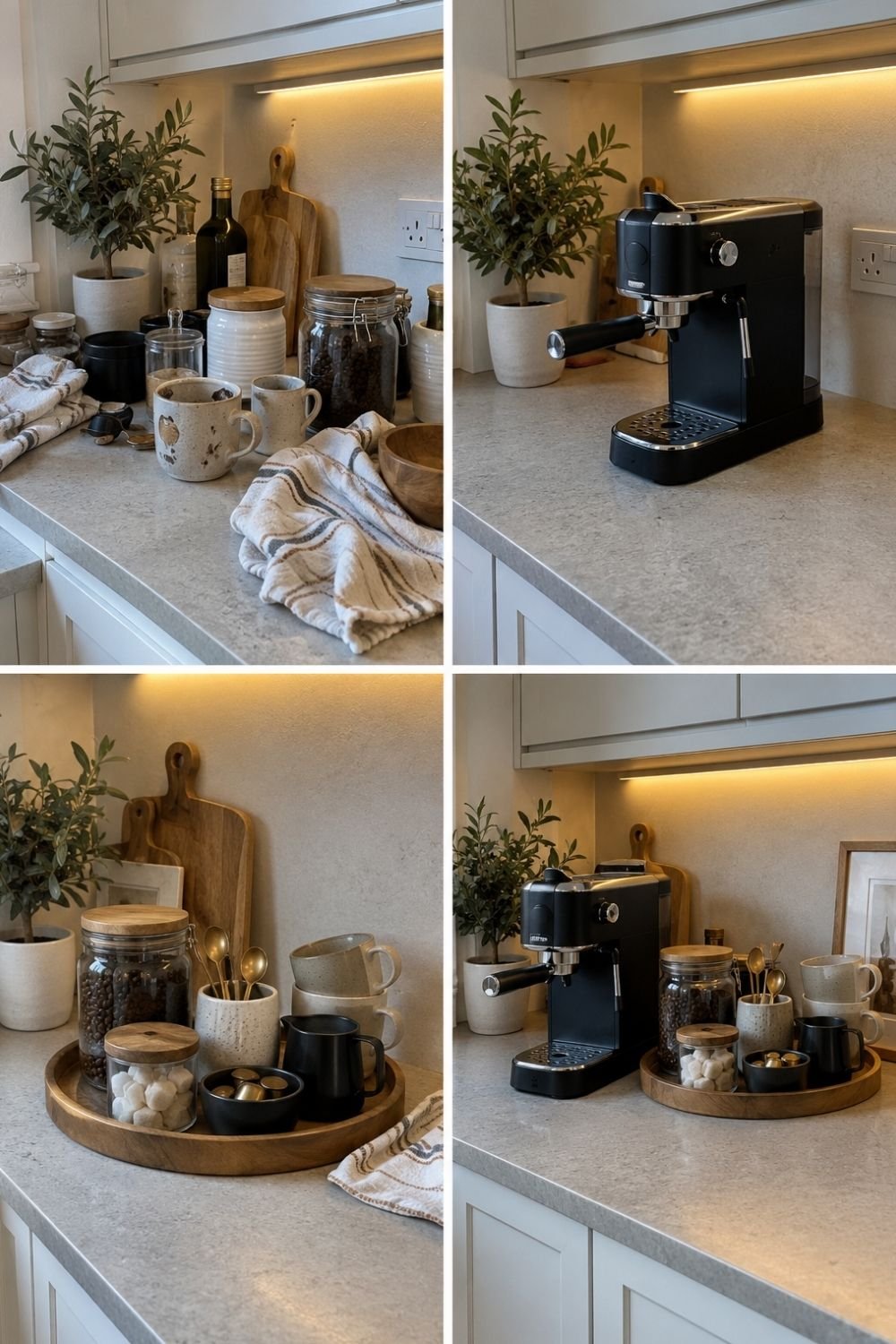 Cluttered kitchen counter corner turned into a coffee station in four steps with an espresso machine and a wooden tray of jars and mugs