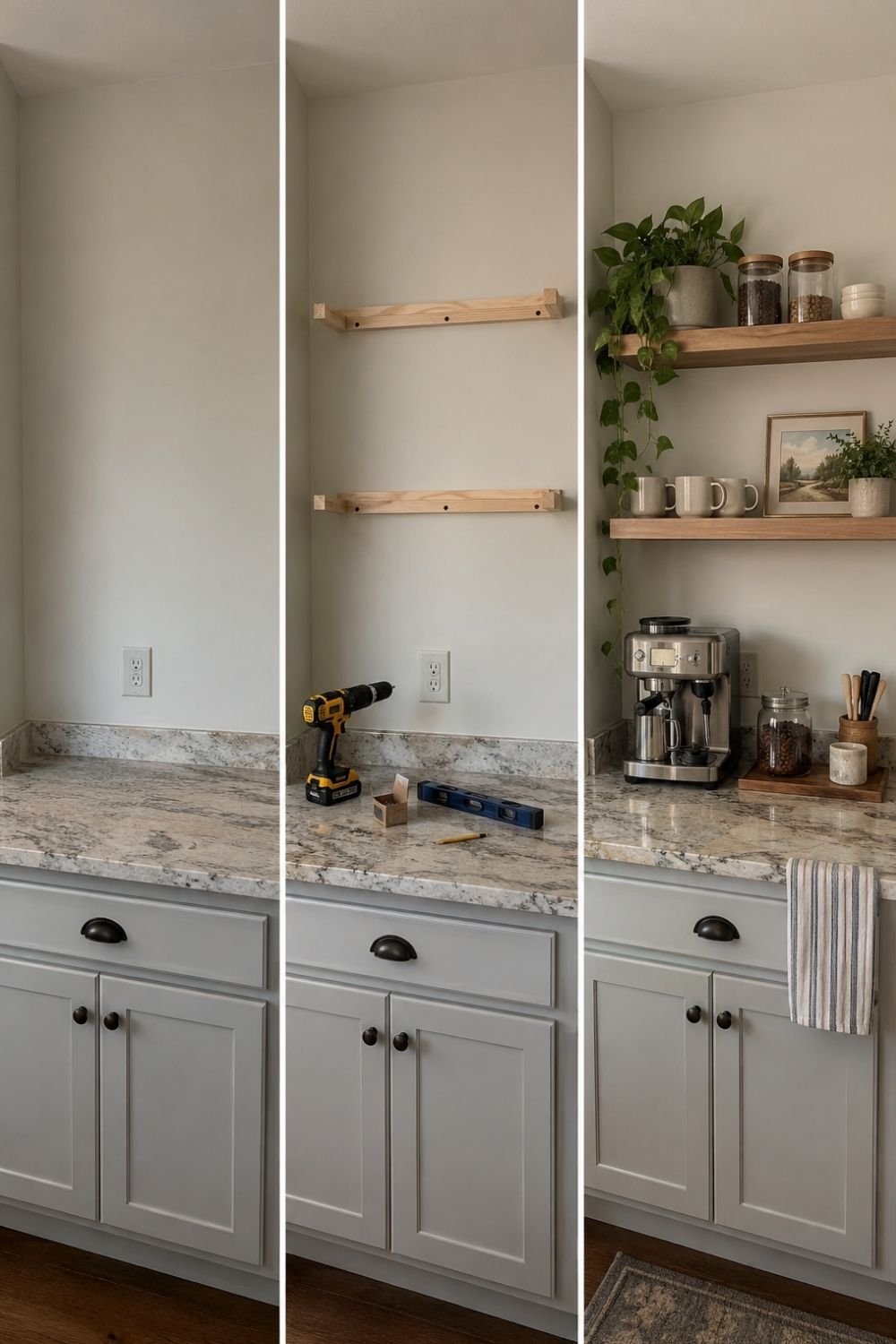 Blank wall above a granite counter turned into a coffee bar with oak floating shelves, jars, mugs, a plant and an espresso machine