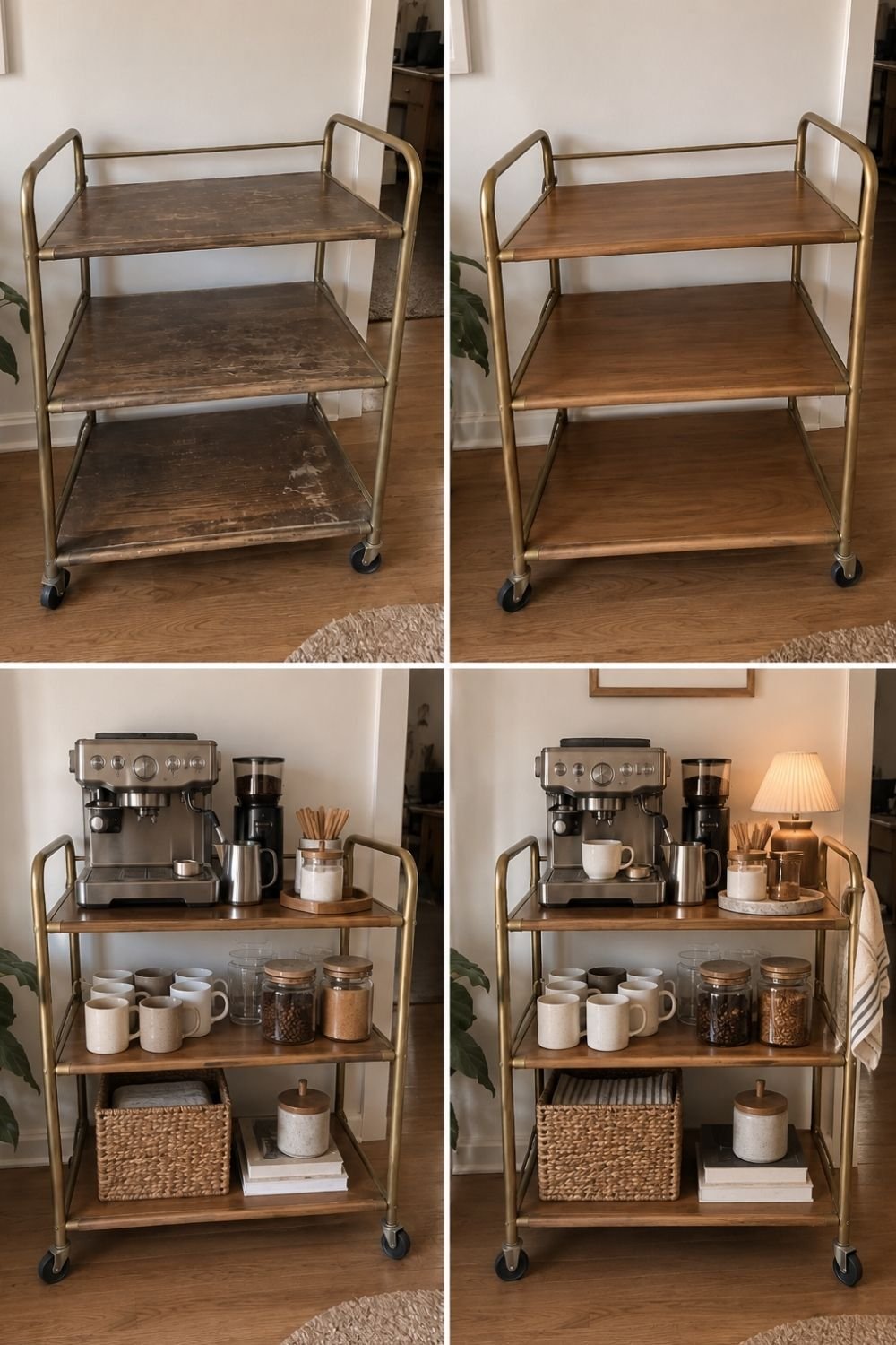 Thrifted brass bar cart refinished and styled as a coffee bar with an espresso machine, grinder, mugs, jars and a small lamp