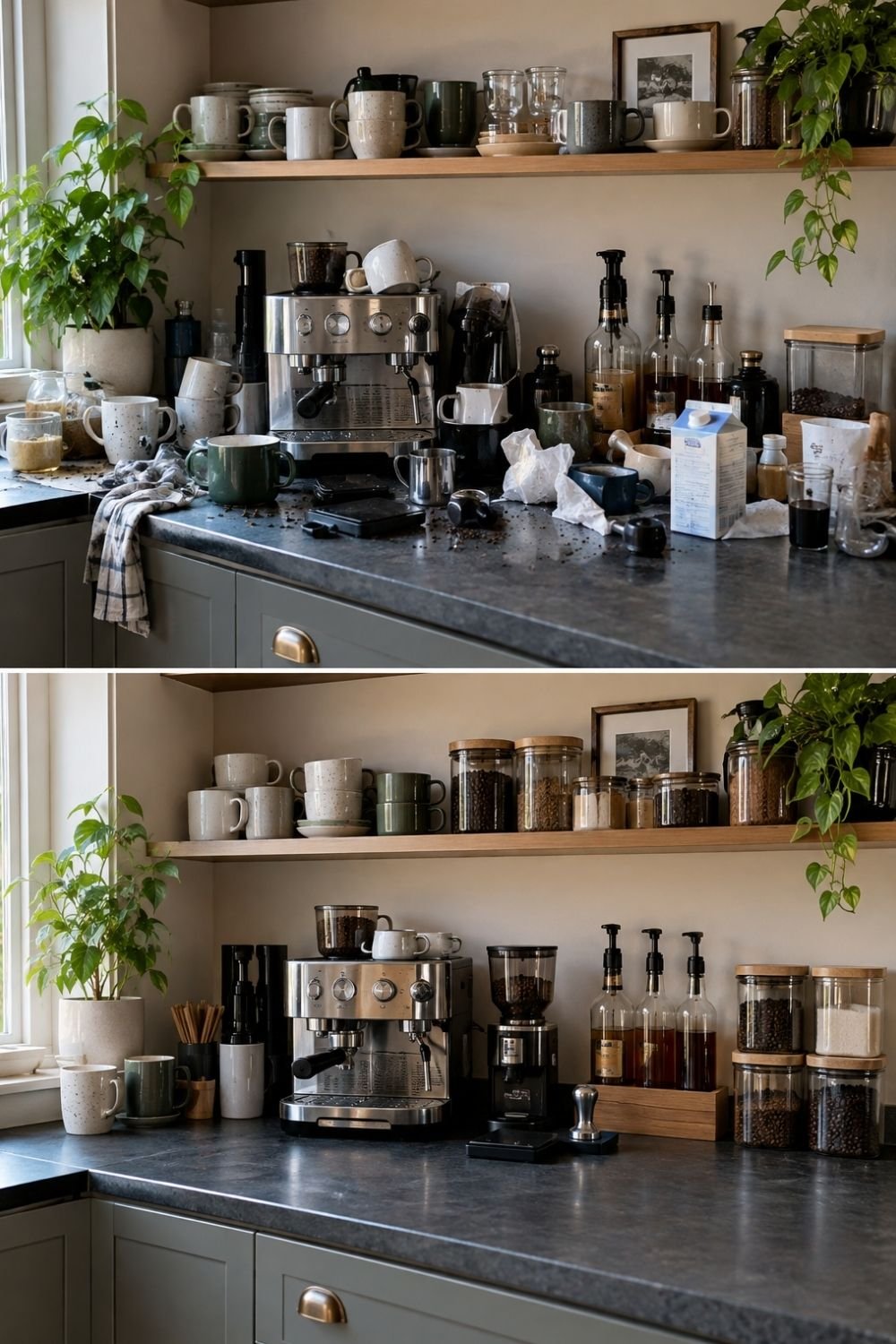 Messy coffee counter before and after organizing with syrup bottles in a wooden caddy, stacked bean canisters and mugs on a shelf