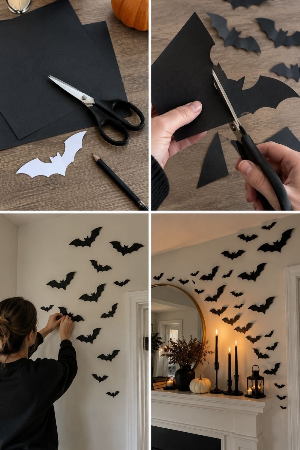 DIY paper bat wall in four steps: bat template, cutting black card stock, sticking bats to the wall and the finished mantel