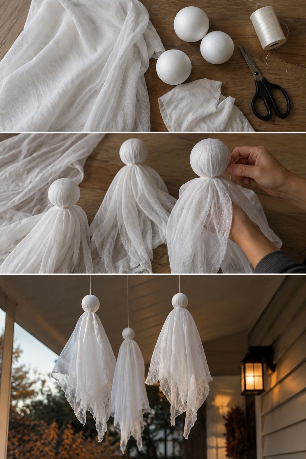 DIY cheesecloth ghosts made from foam balls and thread, hanging from a covered porch ceiling next to a lantern