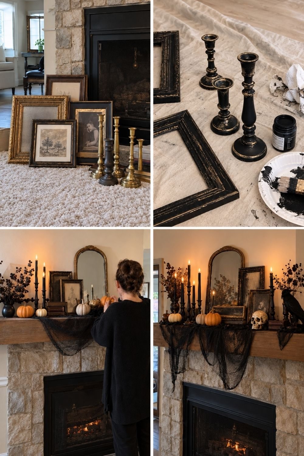 Thrifted frames and candlesticks painted black and styled on a gothic Halloween mantel with candles, pumpkins and creepy cloth
