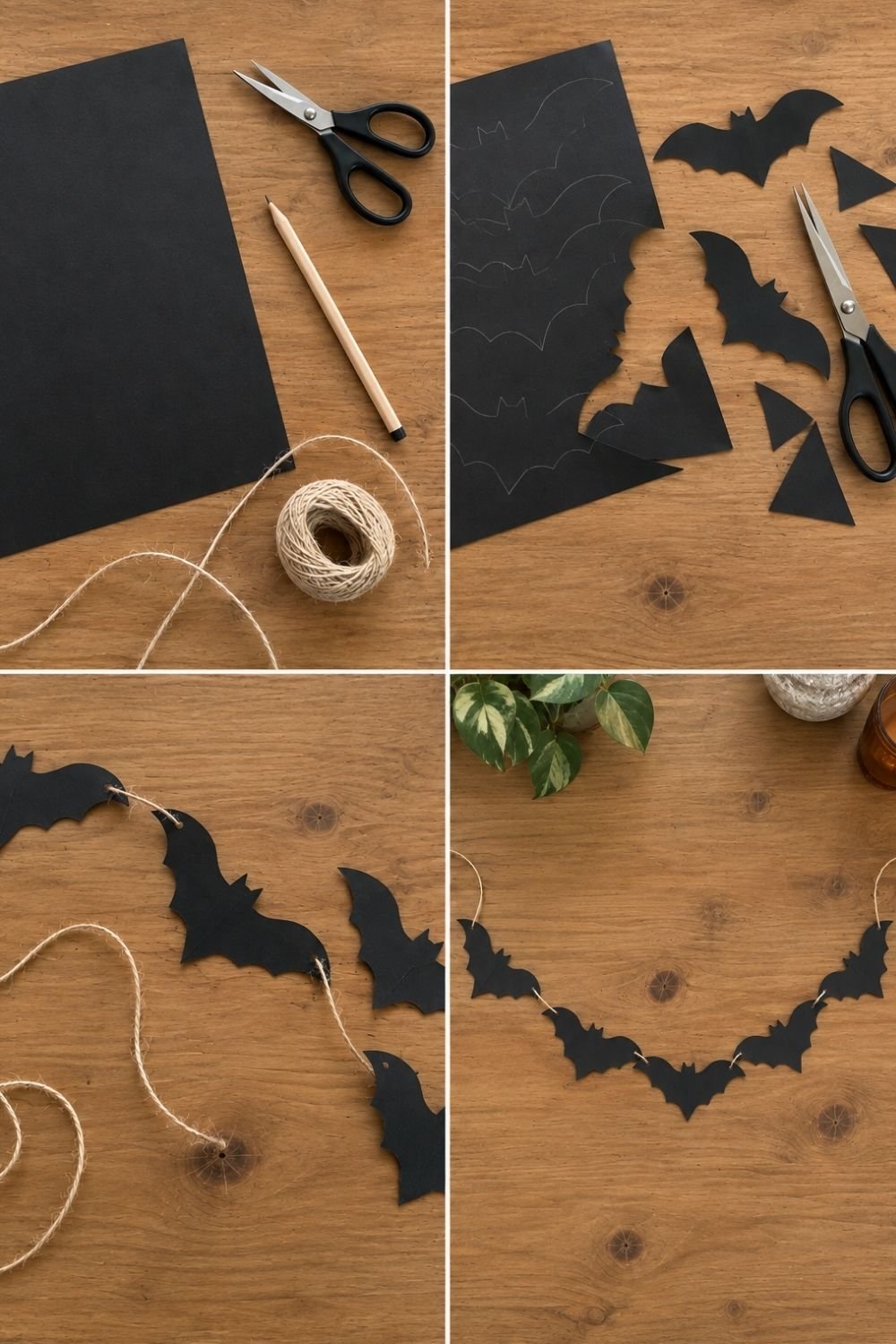 DIY black paper bat garland strung on jute twine, shown in four steps from card stock to finished garland