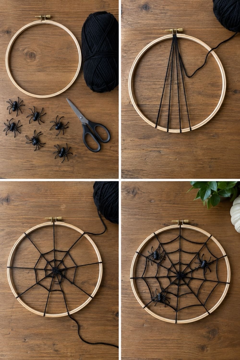 DIY yarn spider web in a wooden embroidery hoop with plastic spiders, shown in four steps