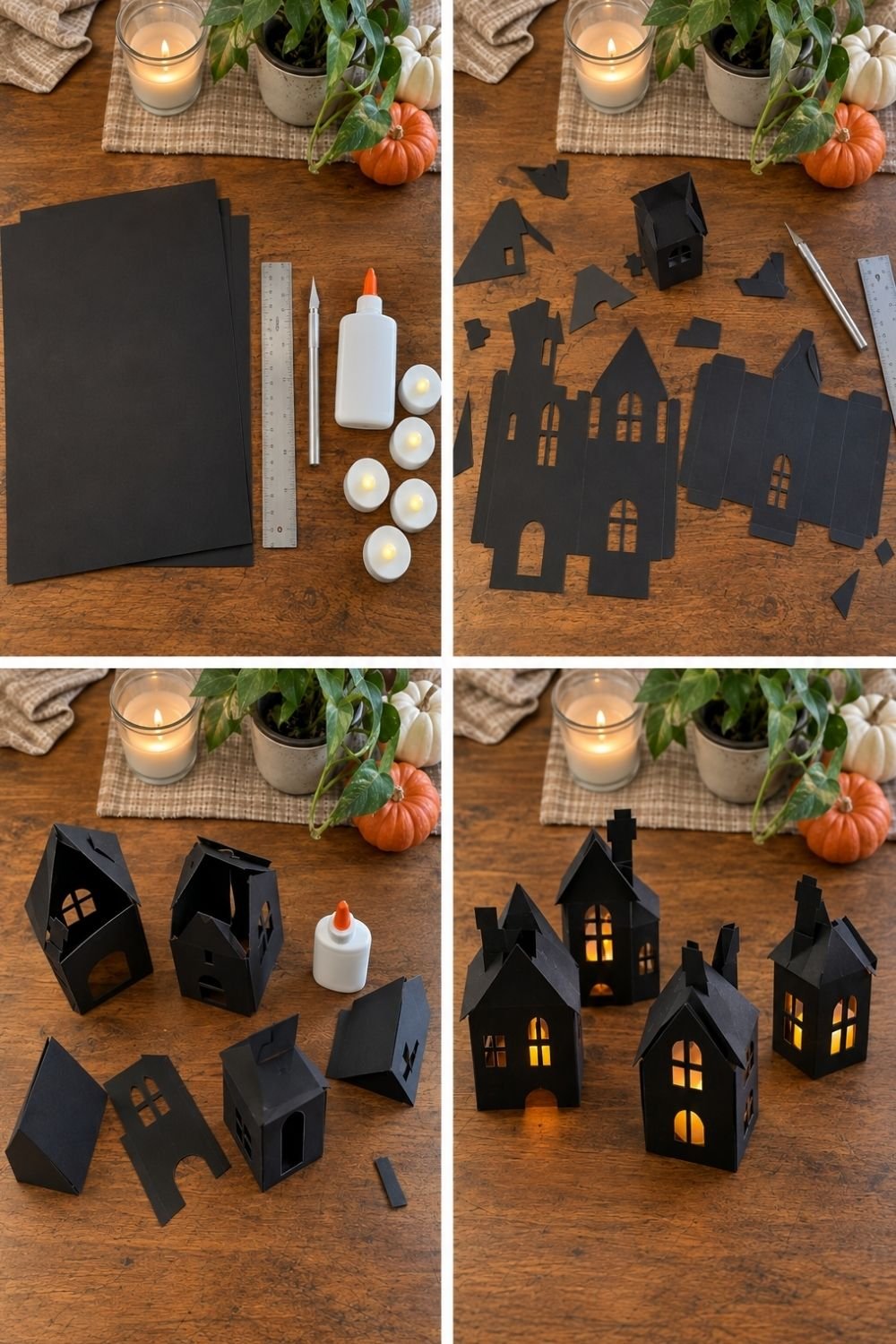 DIY black paper haunted house village lit from inside with LED tealights, shown in four steps