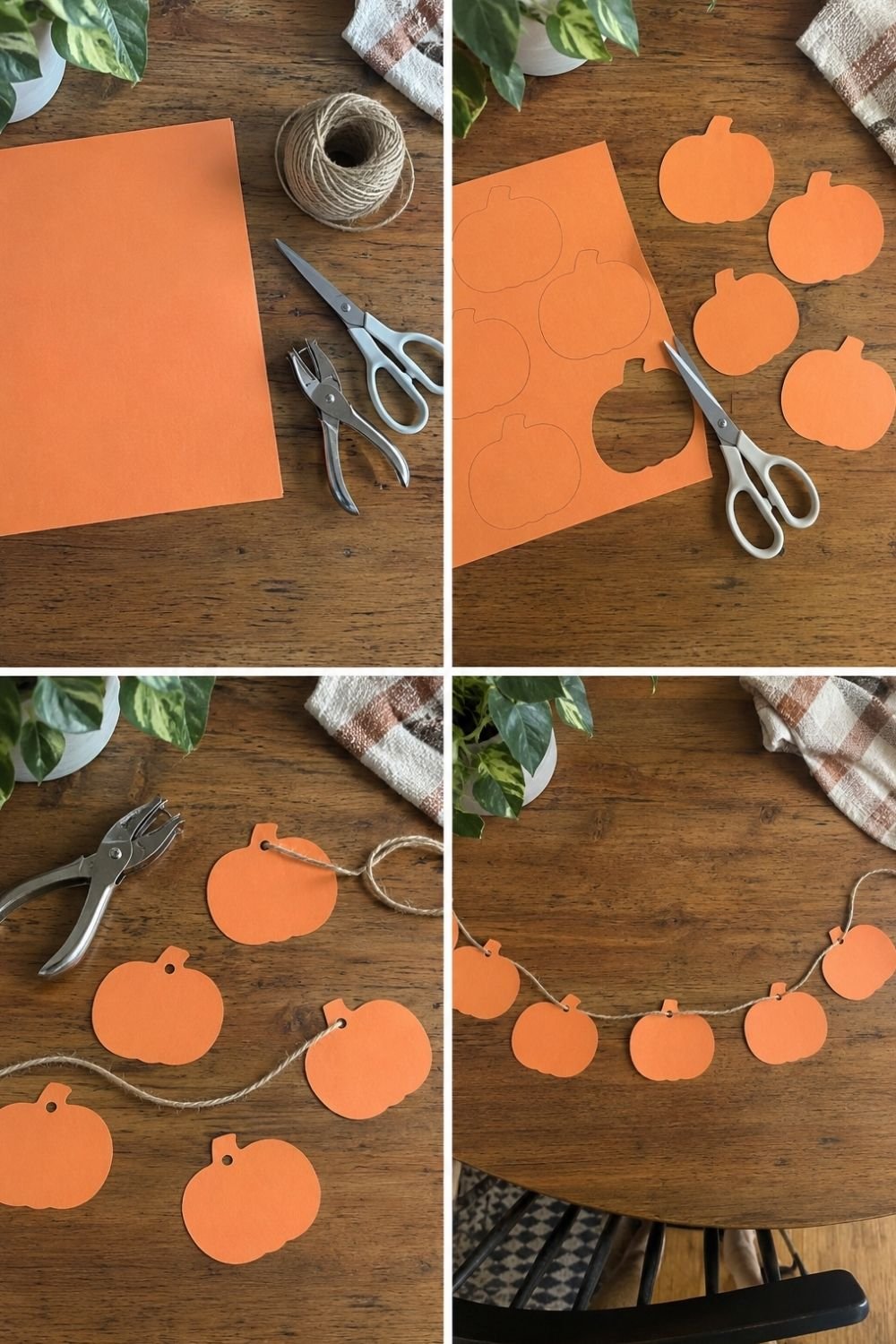 DIY orange paper pumpkin garland on jute twine, shown in four steps from card stock to finished garland