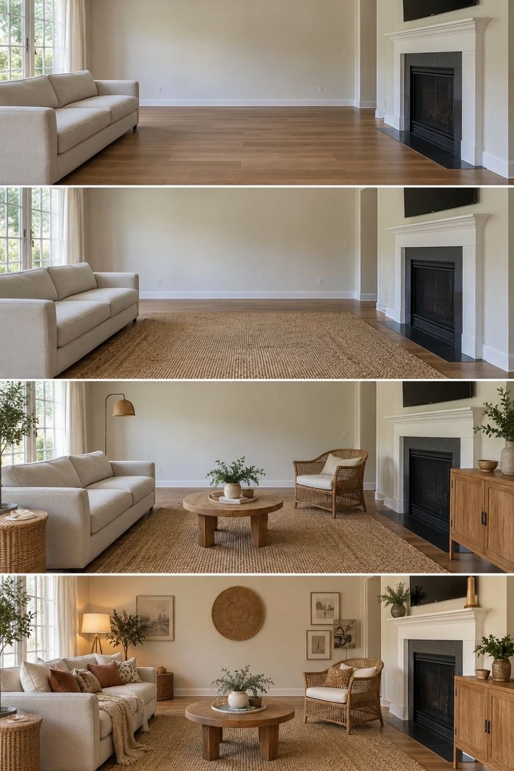 Living room turned boho in four steps with a jute rug, rattan armchair, round wood coffee table, plants, pillows and wall art