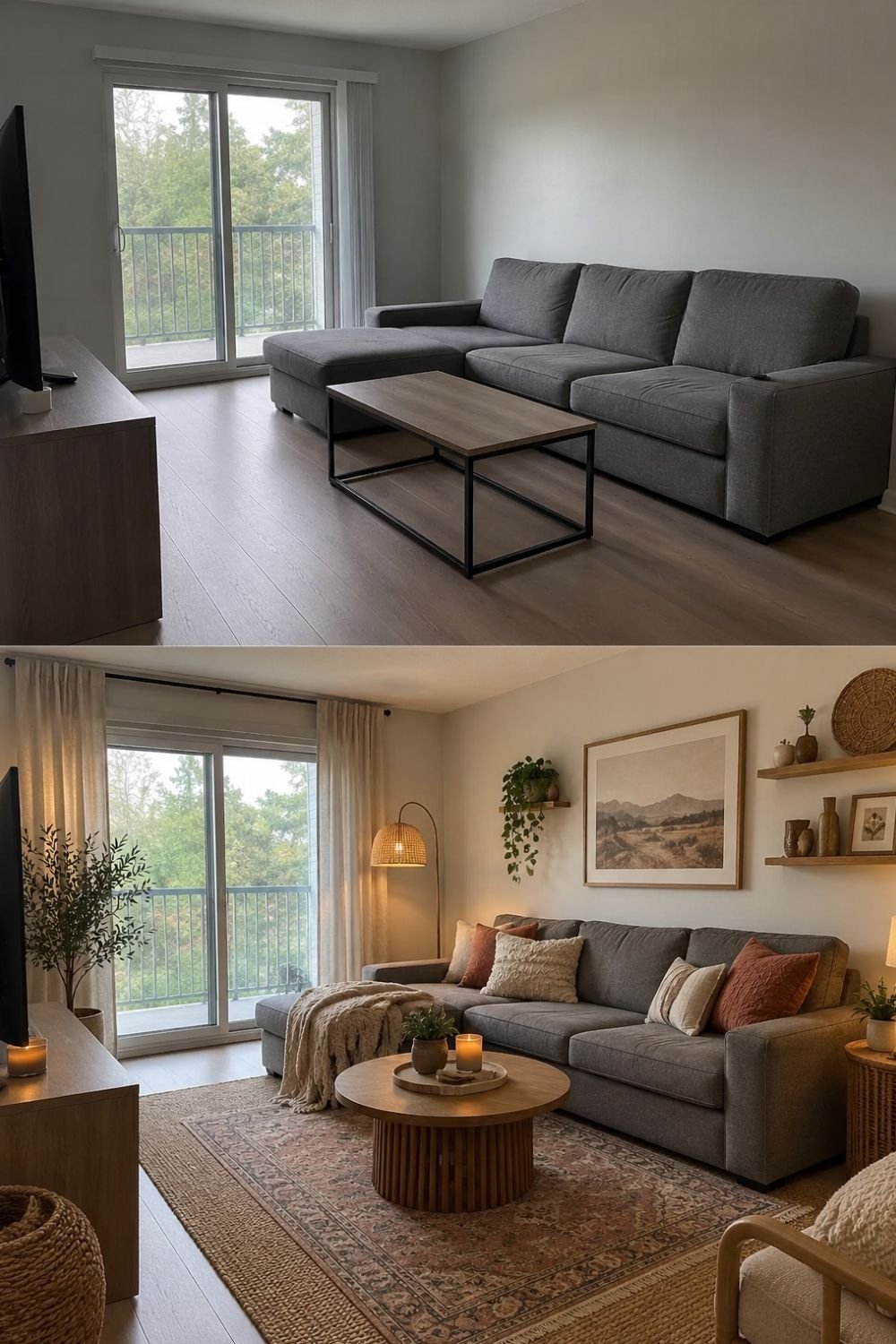 Gray sectional living room before and after a boho makeover with a layered rug, round wood table, rust pillows, rattan lamp and shelves