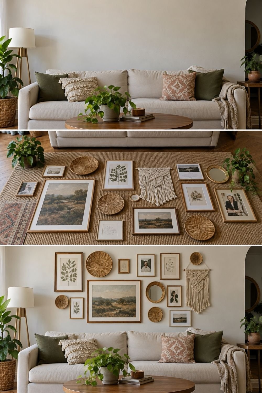 Boho gallery wall planned on a jute rug with frames, woven baskets and macrame, then hung above a cream sofa