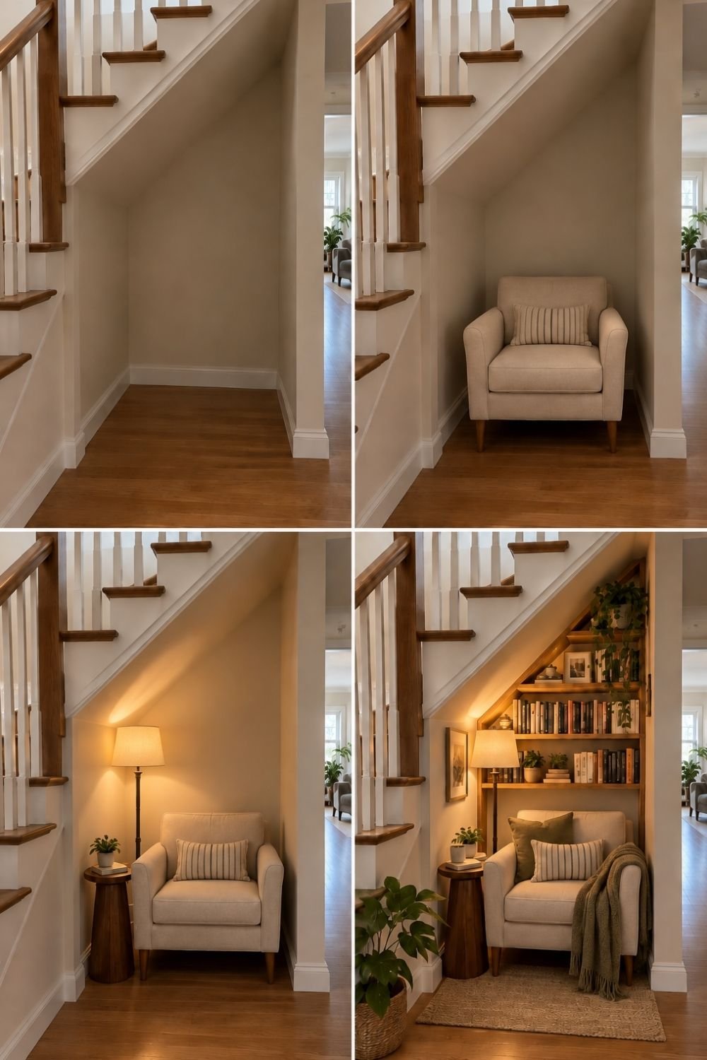 Four-step makeover of an under-stairs reading nook with an armchair, floor lamp, side table and angled bookshelf