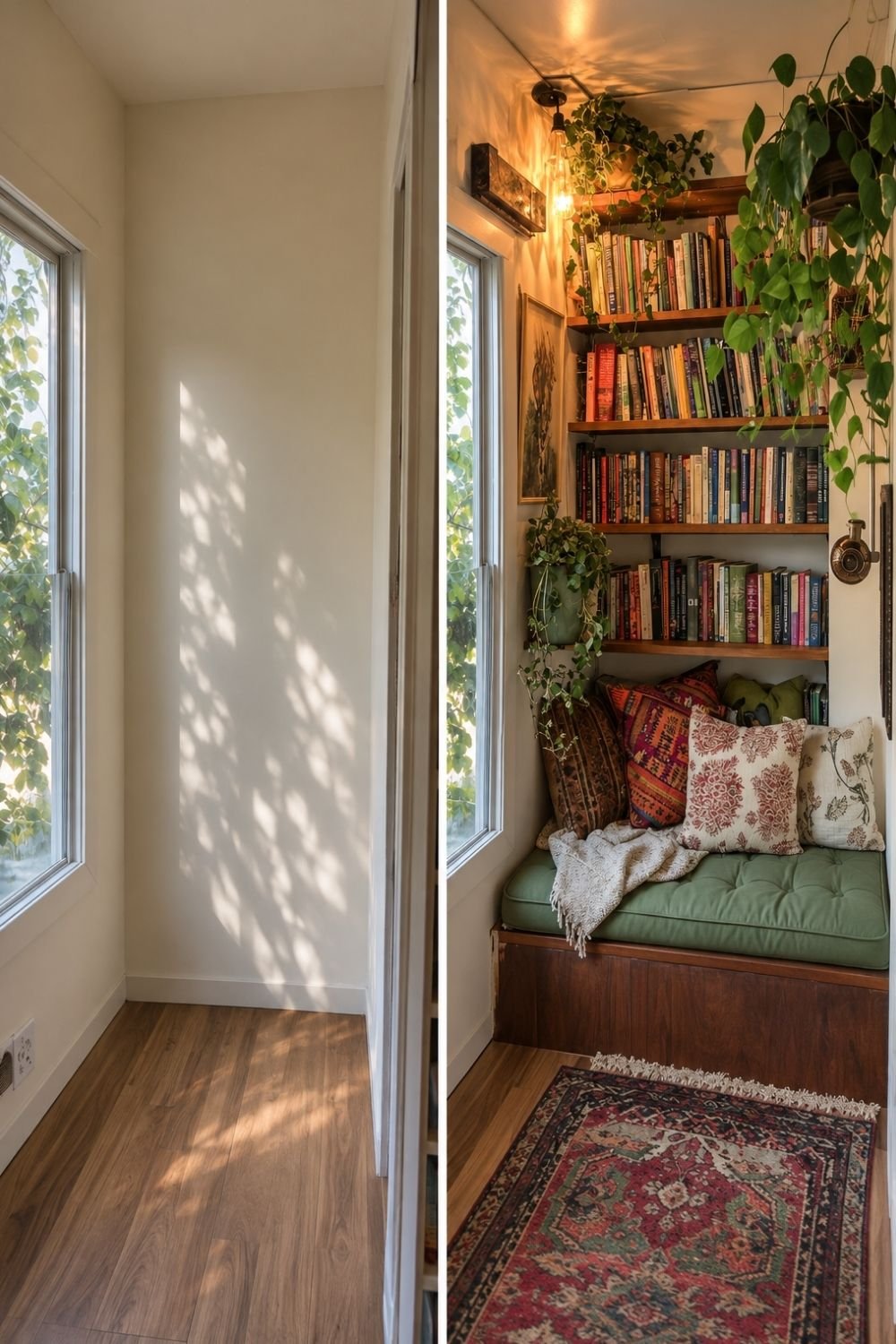 Before and after of a window alcove turned into a built-in reading nook bench with a green tufted cushion and wall shelves