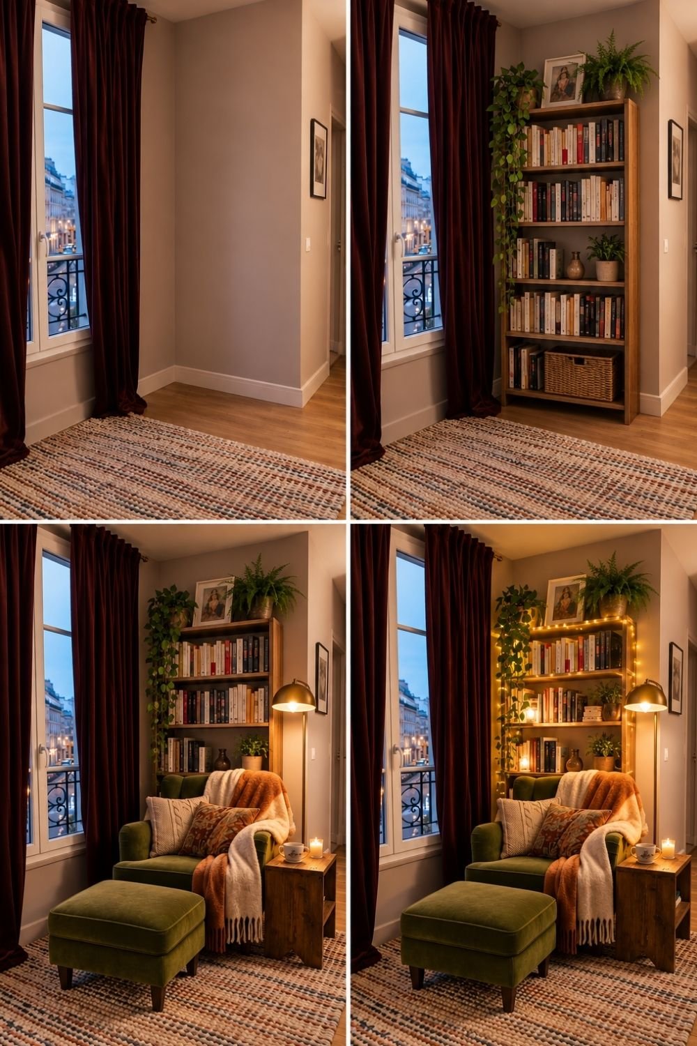 Window corner with burgundy velvet curtains styled with a bookshelf, green velvet armchair, ottoman and brass floor lamp