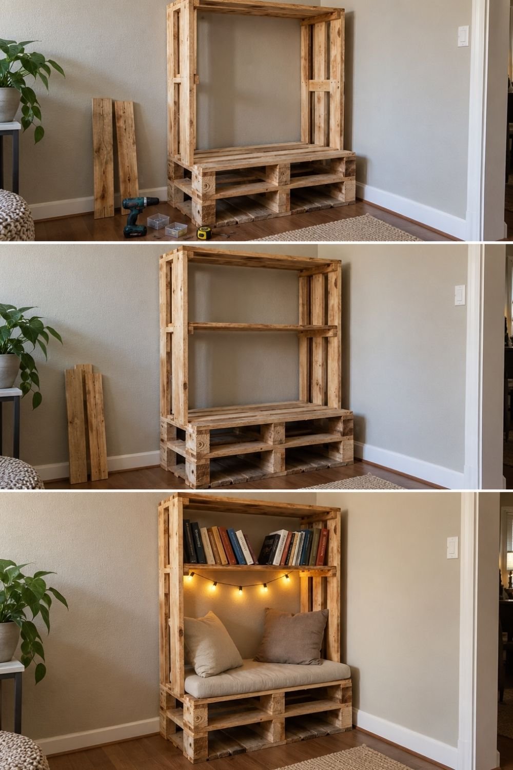 DIY pallet reading bench built in three steps and finished with a cushion, pillows, books and string lights