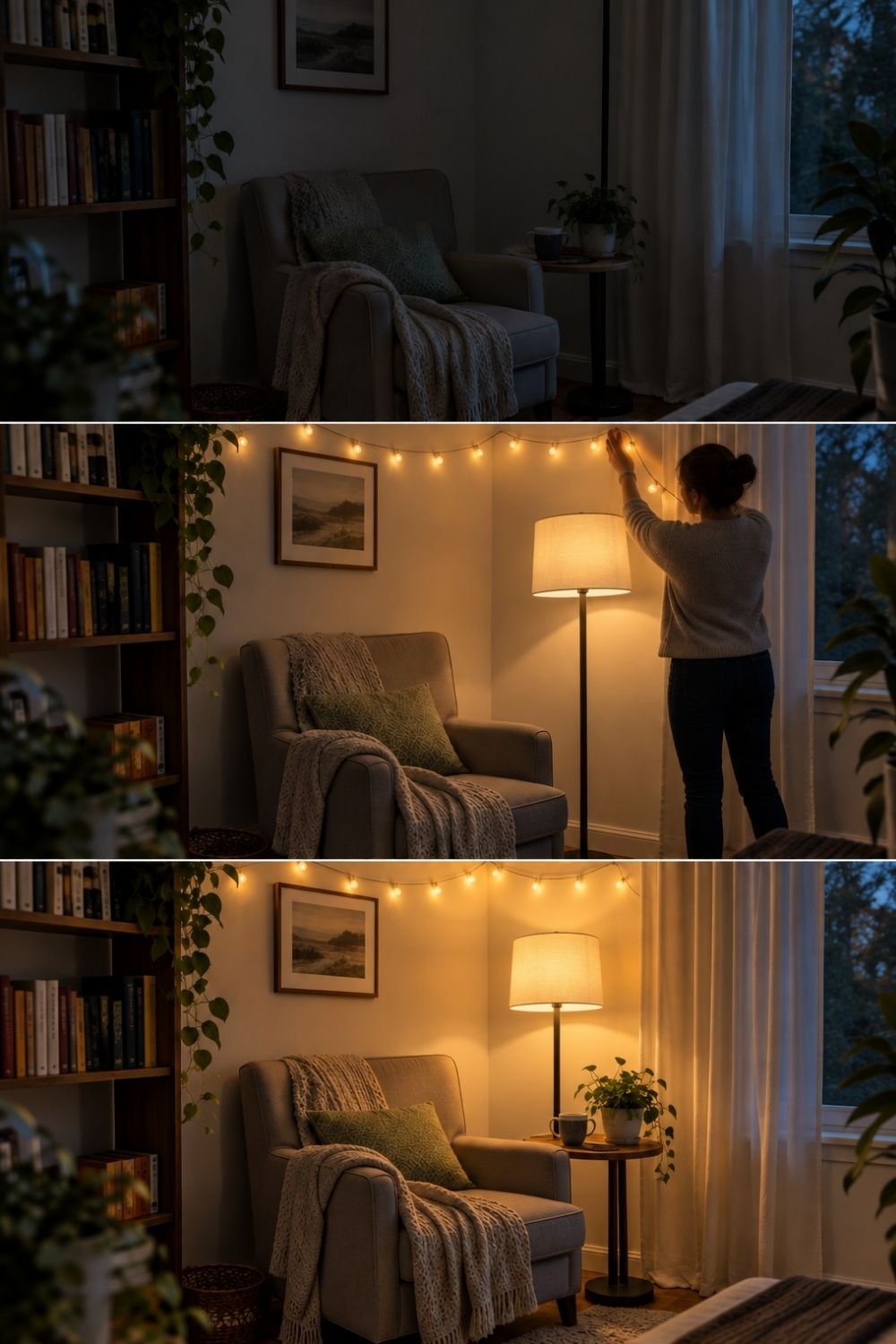 Reading corner at night lit by a floor lamp and string lights next to an armchair