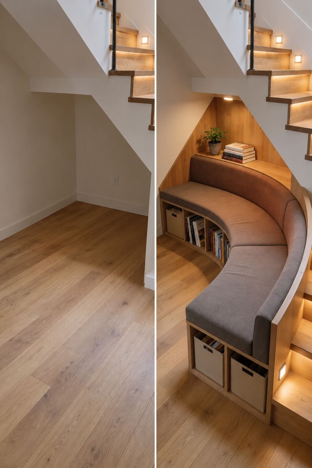 Empty space under the stairs turned into a curved upholstered bench with cubby storage and a small shelf