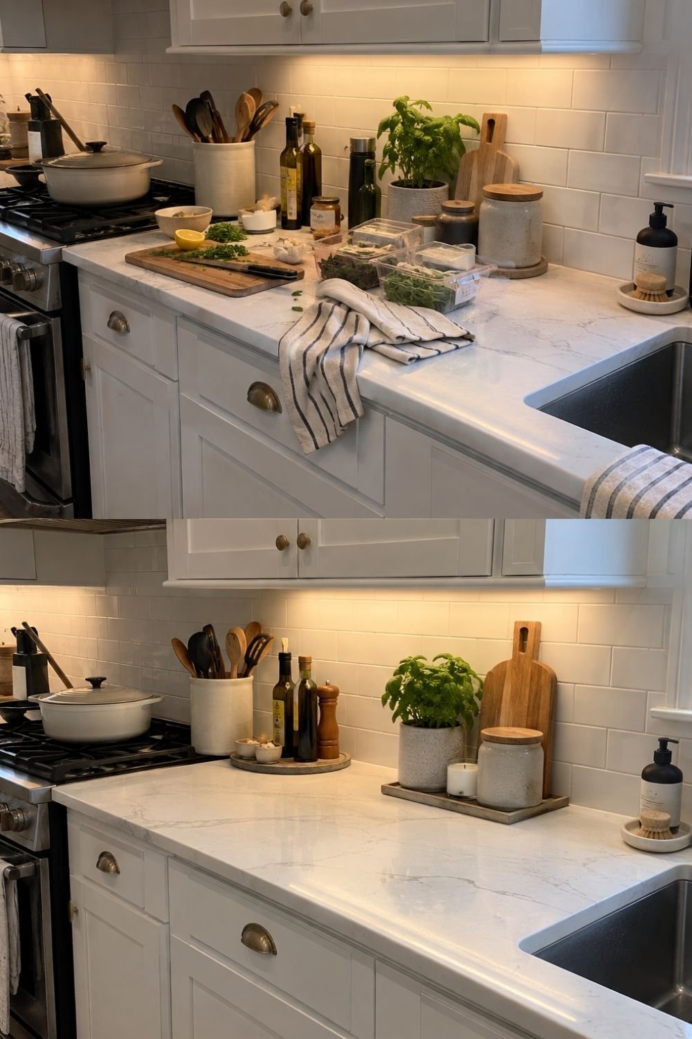 Before and after of a cluttered kitchen counter styled by grouping oils and herbs on wood and stone trays