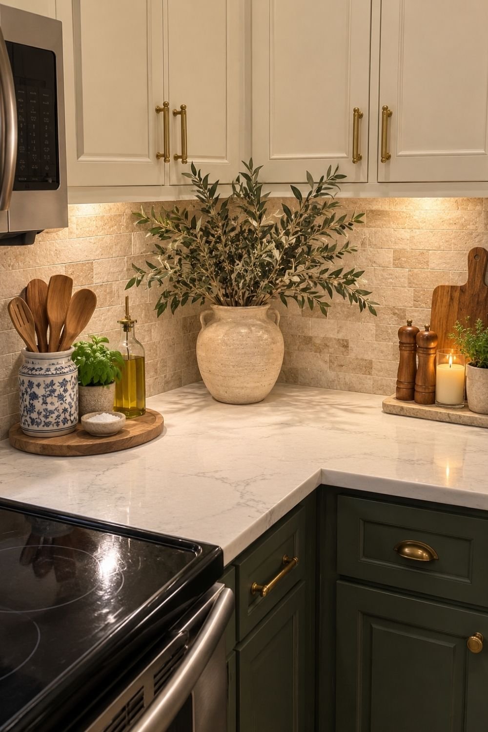Kitchen counter corner styled with olive branches in a cream jug, a wood board with utensils and a stone tray with pepper mills and a candle