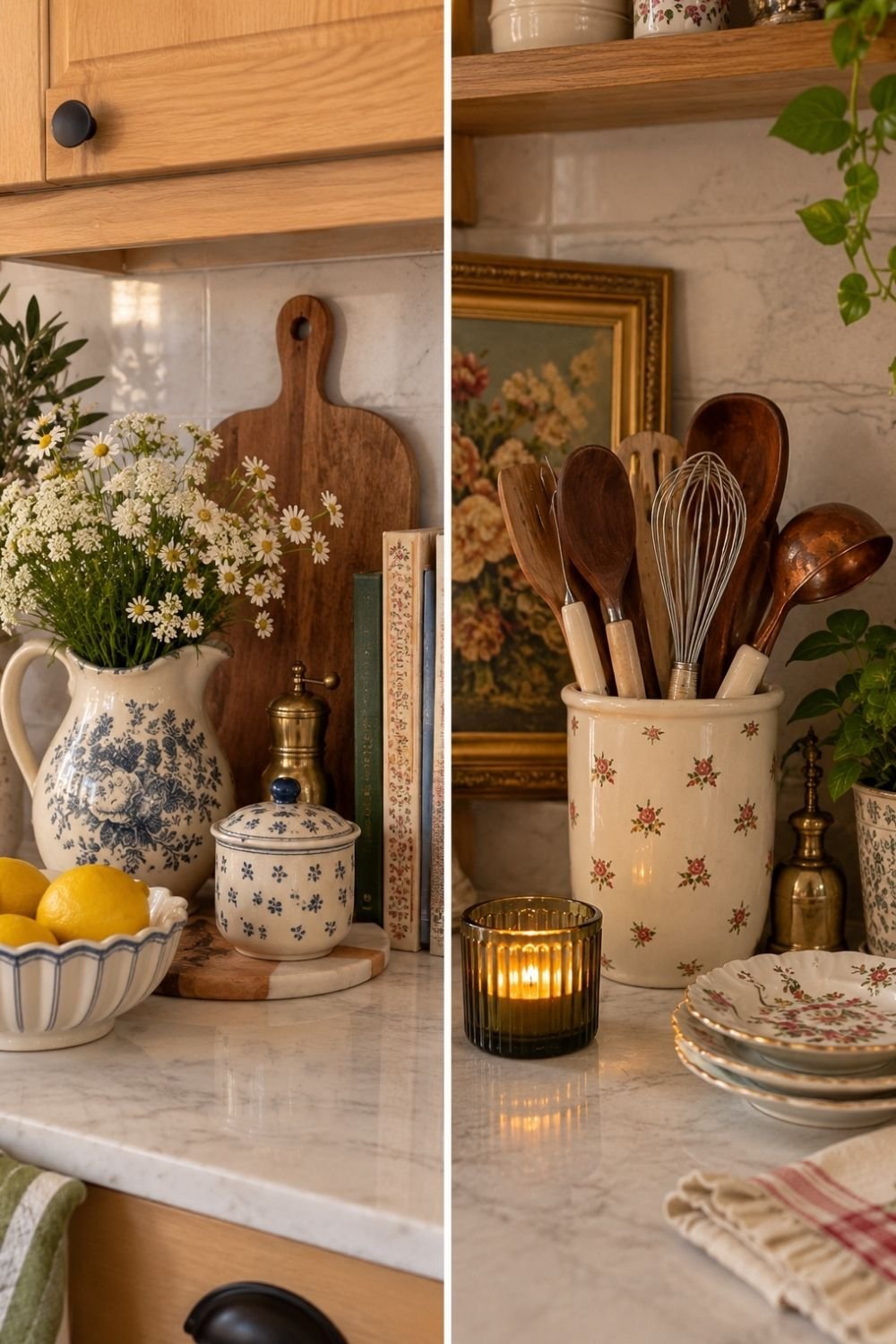 Layered cottage-style kitchen counter styling with a floral pitcher of daisies, lemons, a floral utensil crock and vintage plates