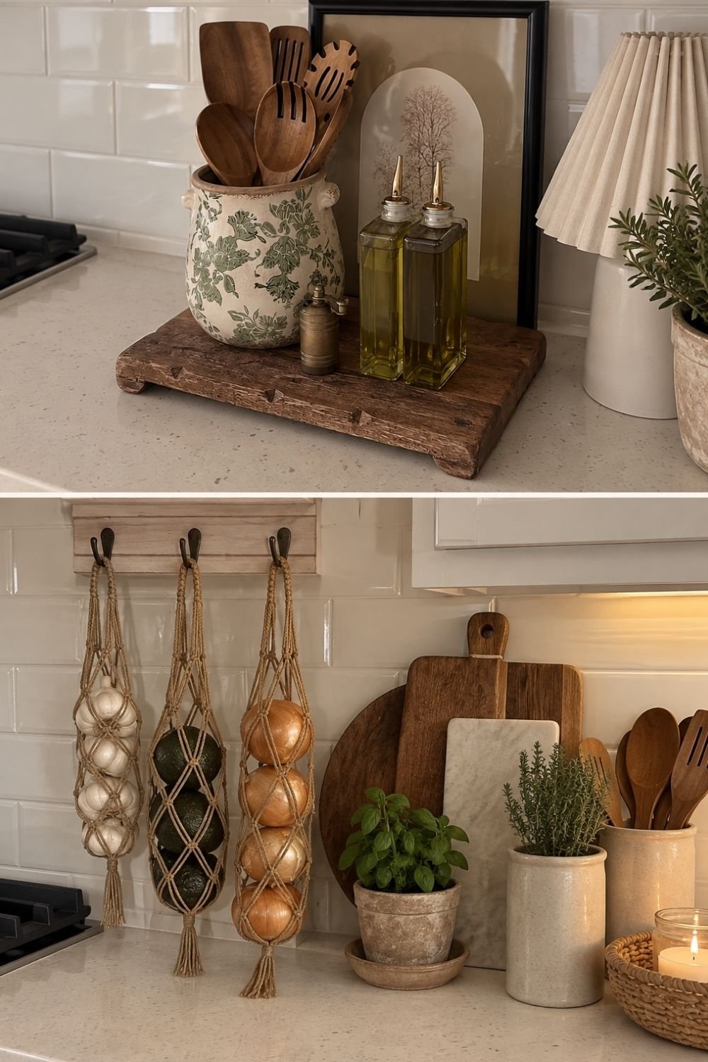Kitchen counter styling with oils and spoons on a wood riser and macrame hangers holding garlic, avocados and onions