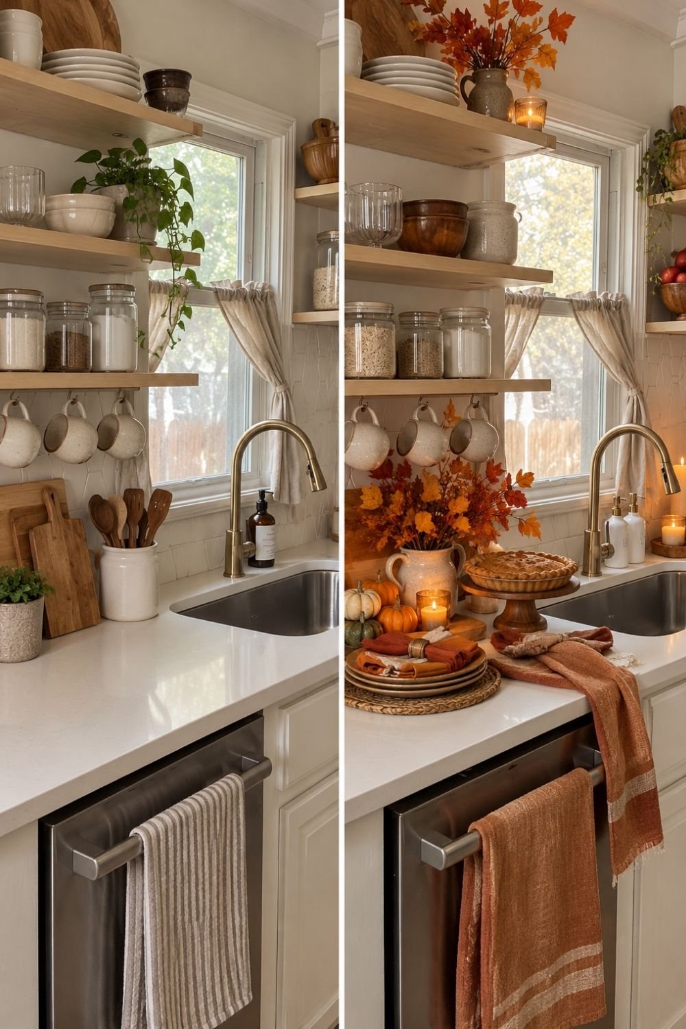 Before and after of a kitchen sink corner decorated for Thanksgiving with maple branches, a pie on a cake stand, small pumpkins and rust napkins