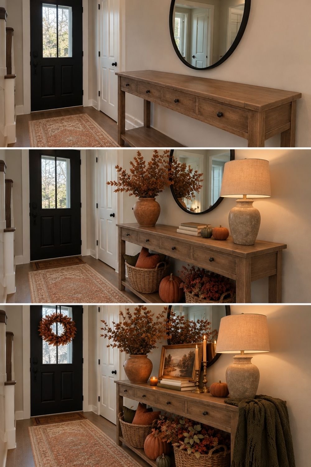 Three-step Thanksgiving entryway makeover with a wood console, rust branches, stone lamp, pumpkins in baskets and a leaf wreath on the door