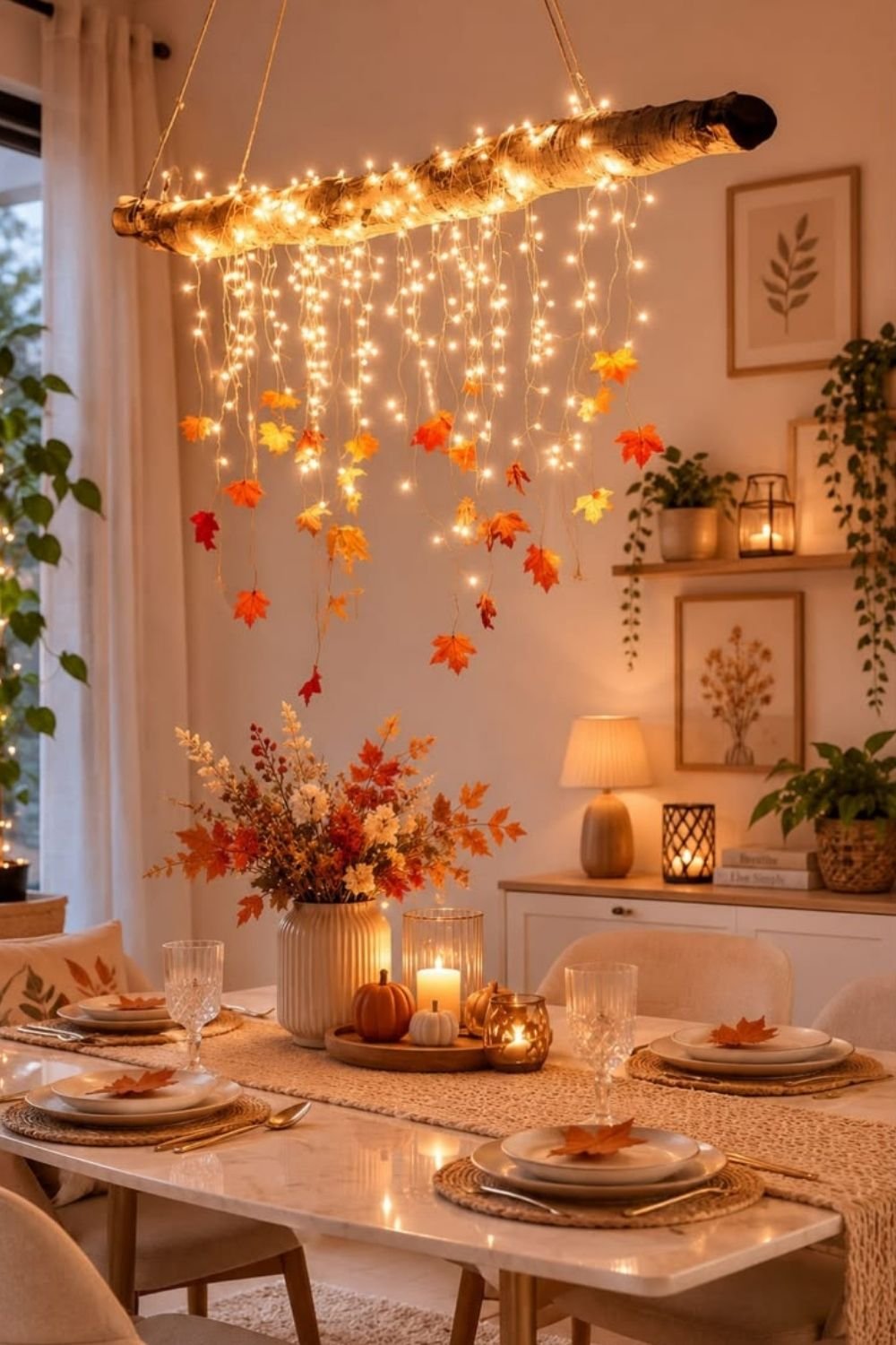 Simple Thanksgiving table with woven placemats, a low floral centerpiece and a birch branch wrapped in fairy lights and hanging leaves