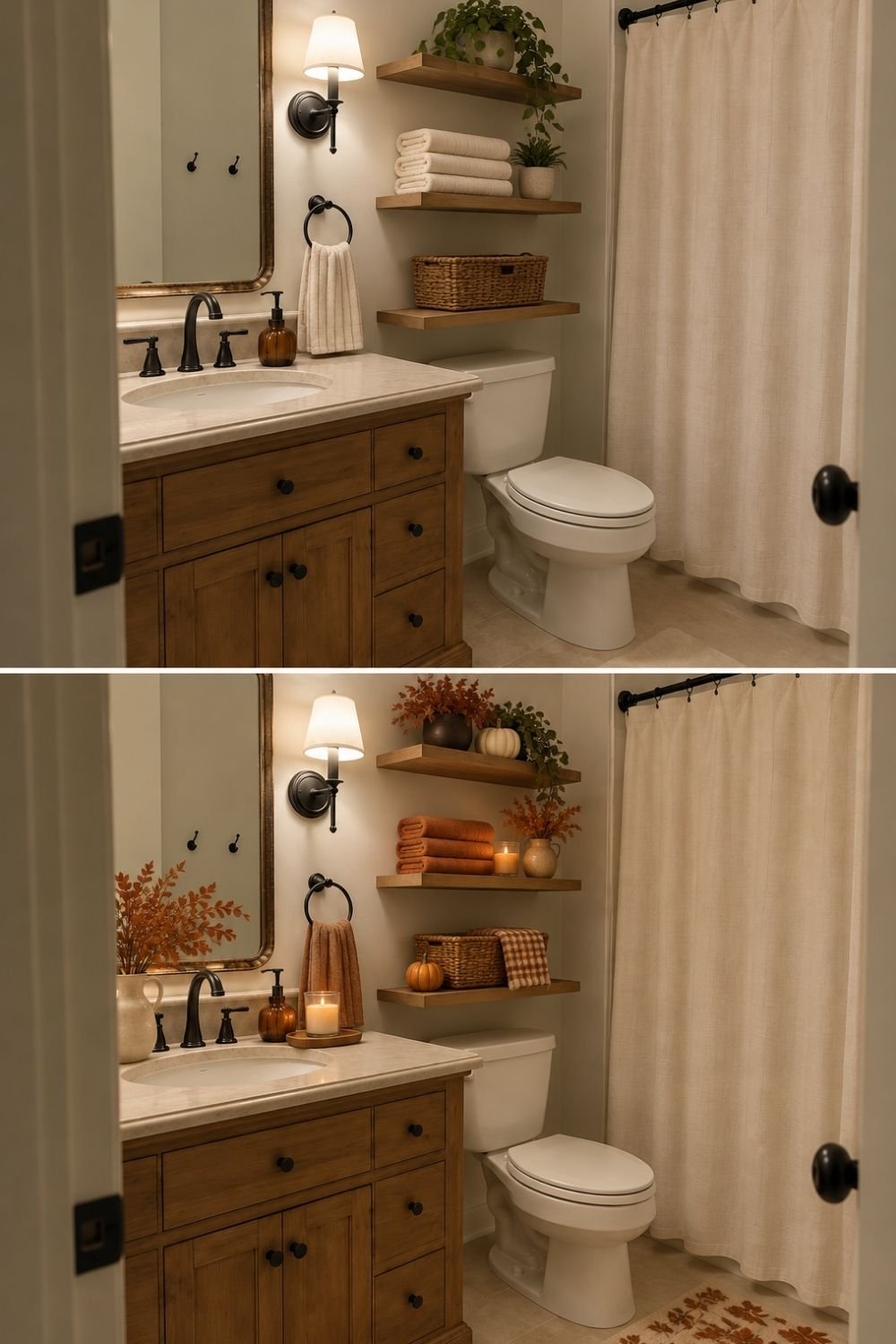 Before and after of a bathroom decorated for Thanksgiving with rust towels, a small pumpkin, fall foliage and a candle